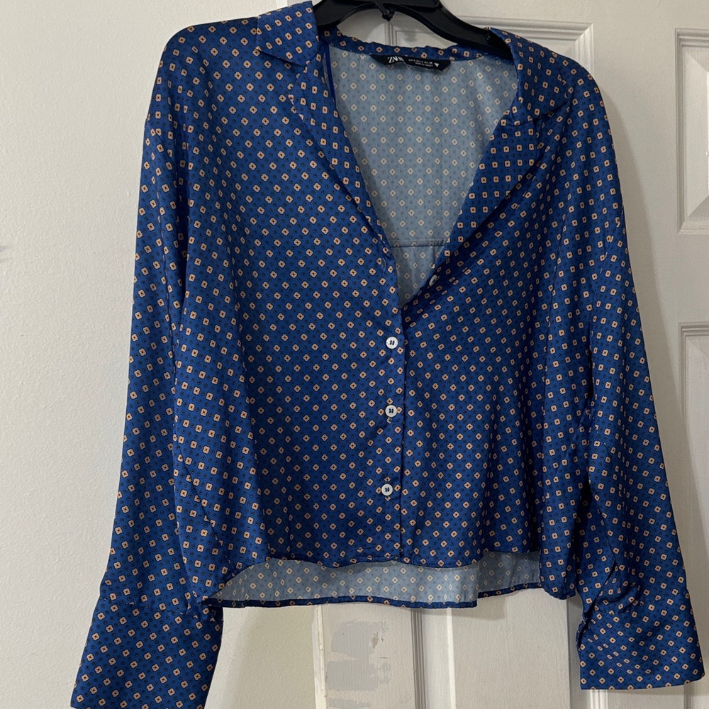 Zara Navy and Gold Patterned Blouse